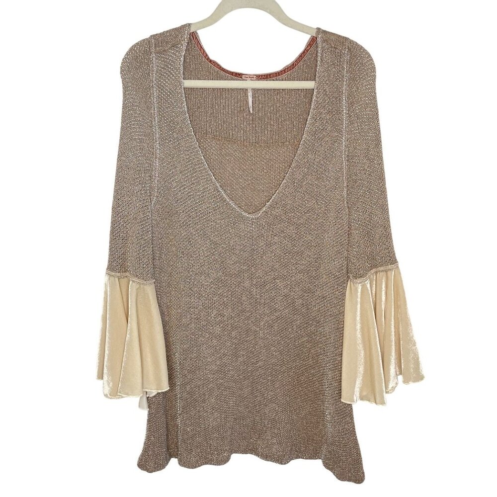 Free People Metallic Knit V-Neck Tunic With Velvet Bell Sleeves, S